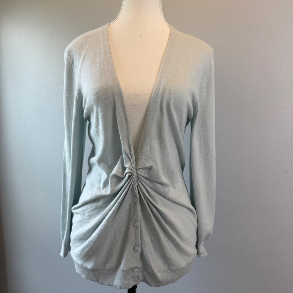 Elliott Lauren MED Silk Cotton Cashmere Twist Front Cardigan Light Blue V-Neck